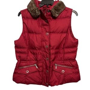 Eddie Bauer XL Goose Down 700 Burgundy Puffer Vest with Faux Fur Collar EUC